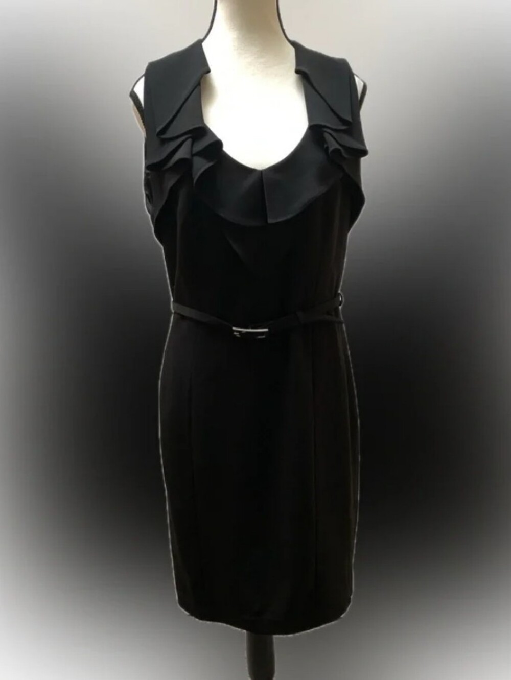 Bianca Nygard Black Ruffle V-Neck Belted Sheath Dress 4P EUC
